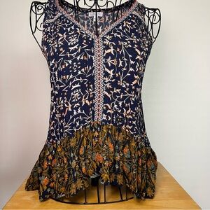 Patrons of Peace Blue and Orange Peplum floral bohemian Tank Top size S